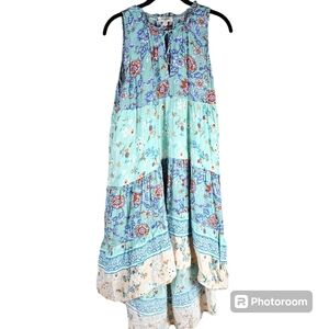 Umgee Pink and Green Asymmetrical Tiered Sundress